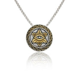 Men Collection Two Tone Pendant Necklace with Sunburst Engraved Star and Eye Medallion on a Fine Silver Tone Brass Chain for Everyday Wear