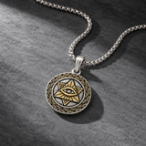 Men Collection Two Tone Pendant Necklace with Sunburst Engraved Star and Eye Medallion on a Fine Silver Tone Brass Chain for Everyday Wear