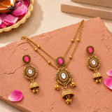 Aaroh - bellish bloom short necklace set ( Women Pink Stone Jewellery Set )