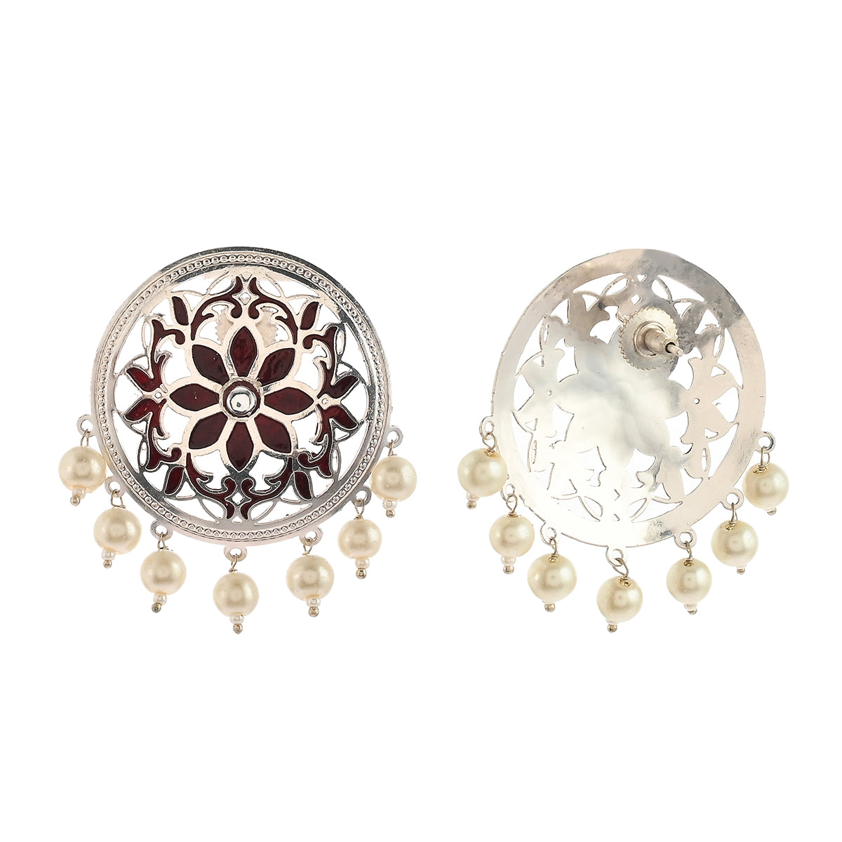 Pearl Elegance Filigree Design Floral Motif Faux Pearls Silver Plated Earrings