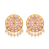 Pearl Elegance Pink Enamel Floral Gold Plated Brass Earrings