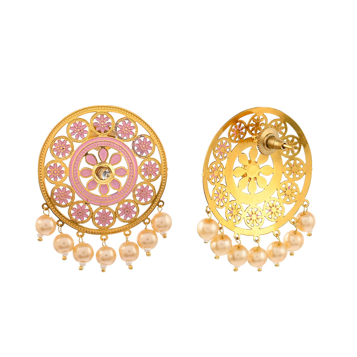 Pearl Elegance Pink Enamel Floral Gold Plated Brass Earrings