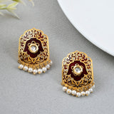 Pearl Elegance Maroon Enamel Faux Pearls Brass Gold Plated Floral Earrings