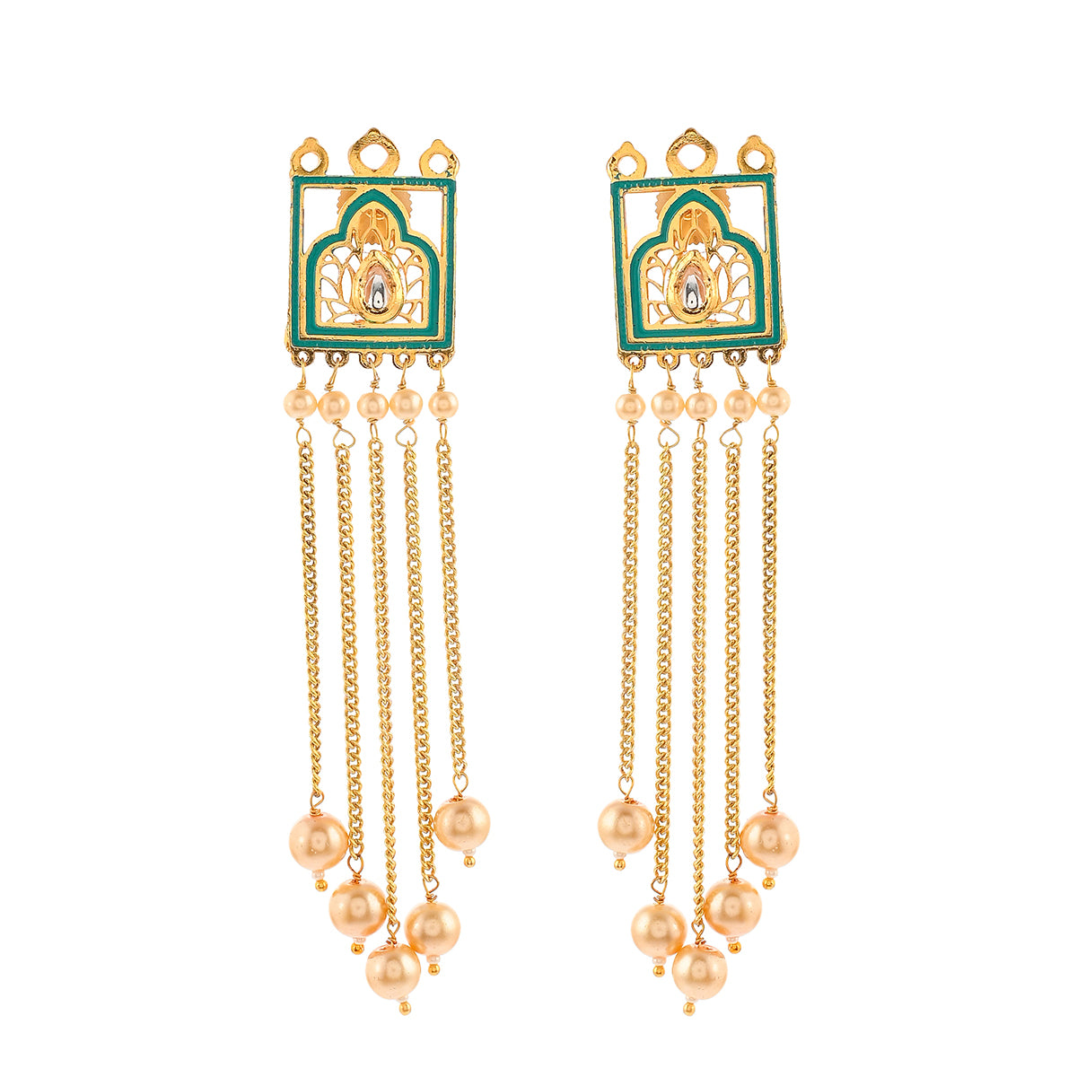 Pearl Elegance Gold Plated Drop Style Brass Enamelled Temple Earrings