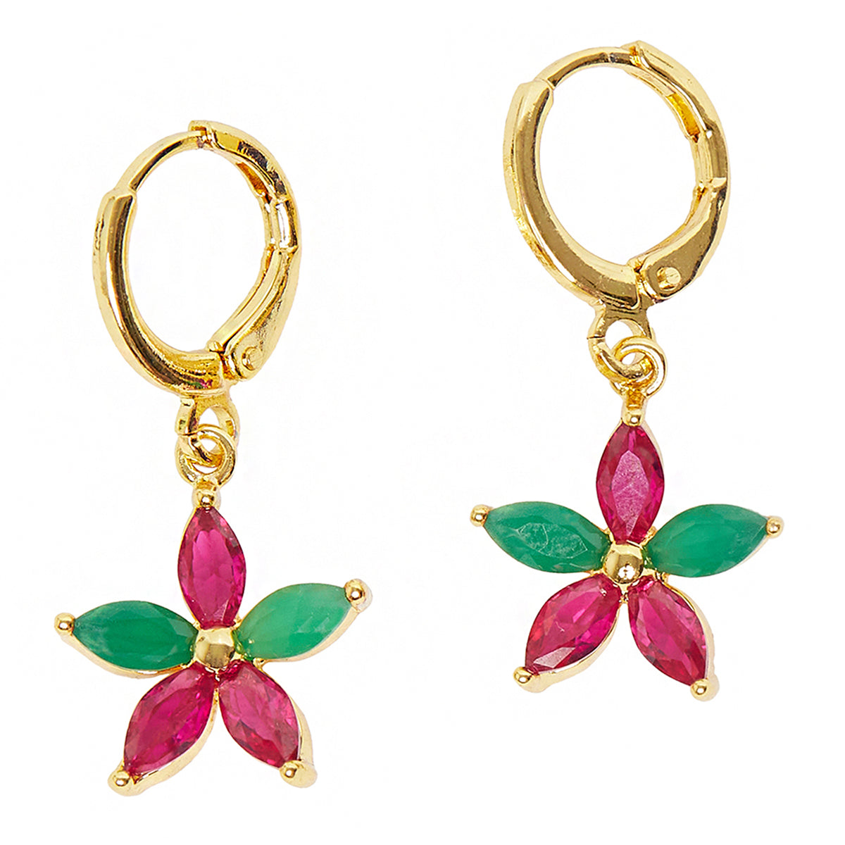 Spakling Essentials Floral Pink & Green Gems Embellished Earrings