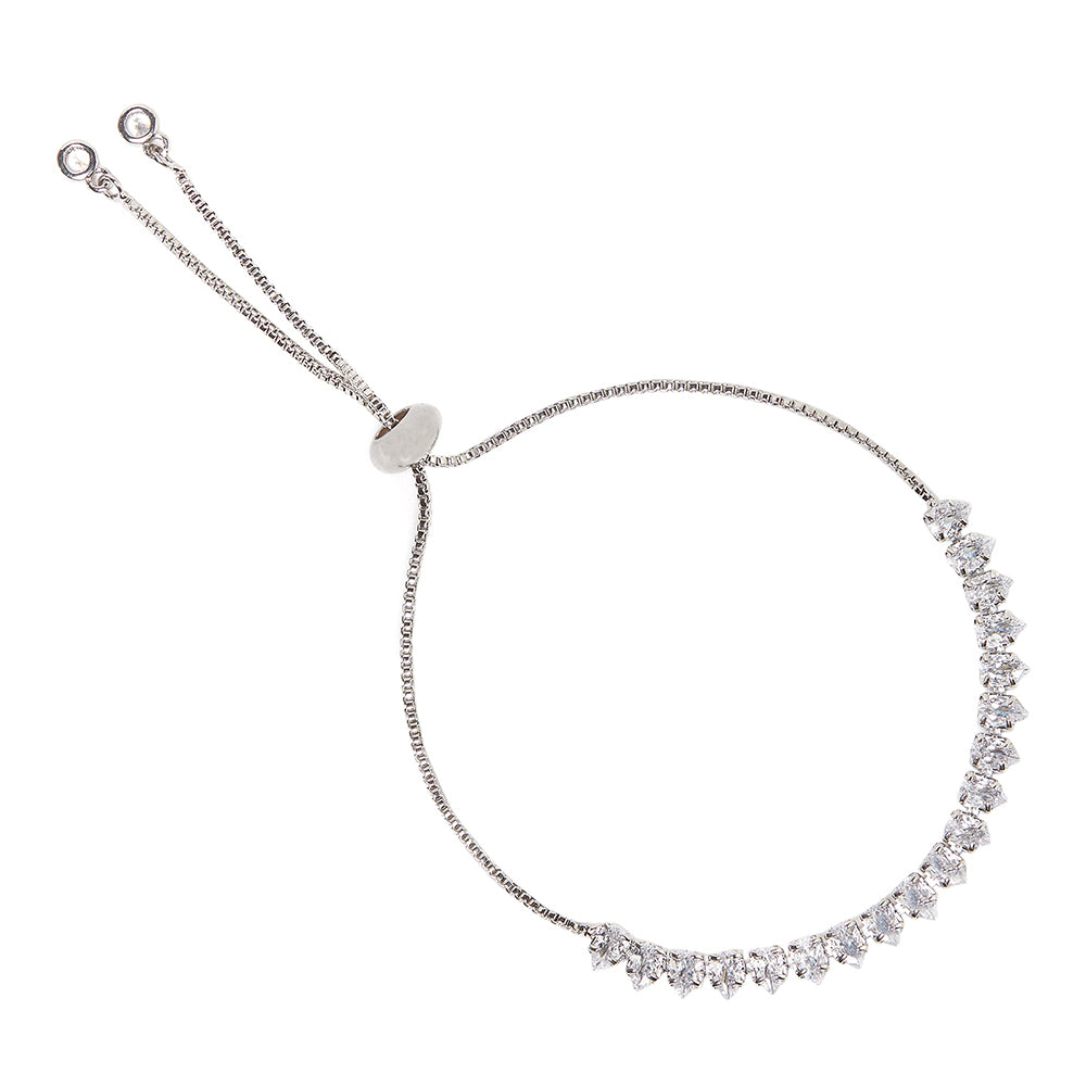 Silver Plated Princess Cut CZ Embellished Brass Slip-On Chain Bracelet