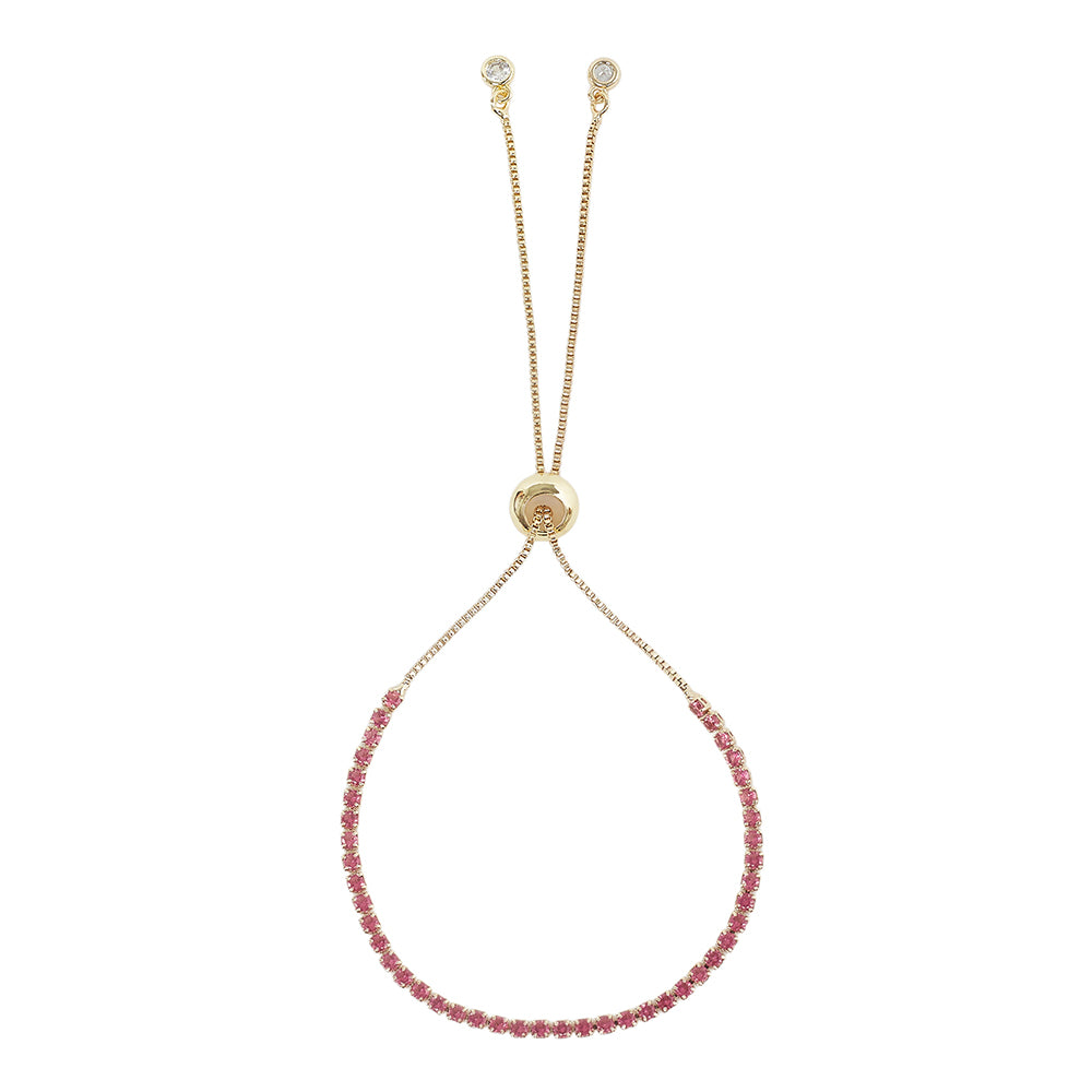 Pink Round Cut CZ Adorned Brass Gold Plated Chain Bracelet