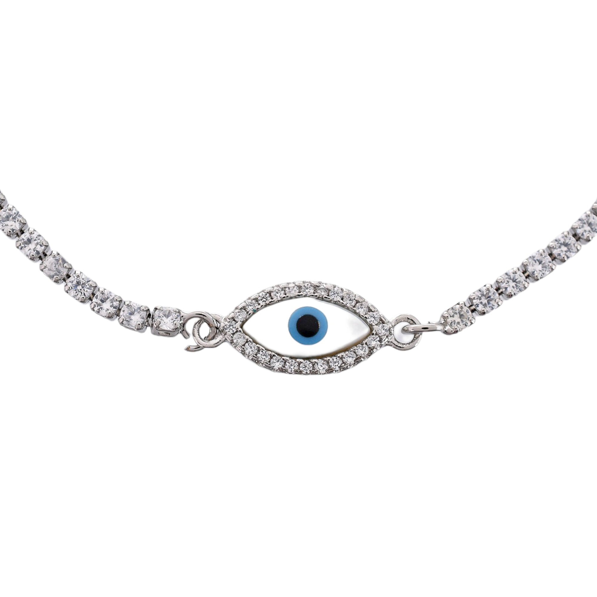 Evil Eye Charm Slip-On Silver Plated Brass Zircons Adorned Bracelet
