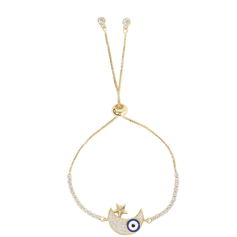 Crescent and Star Evil Eye Charm Brass CZ Adorned Gold Plated Bracelet