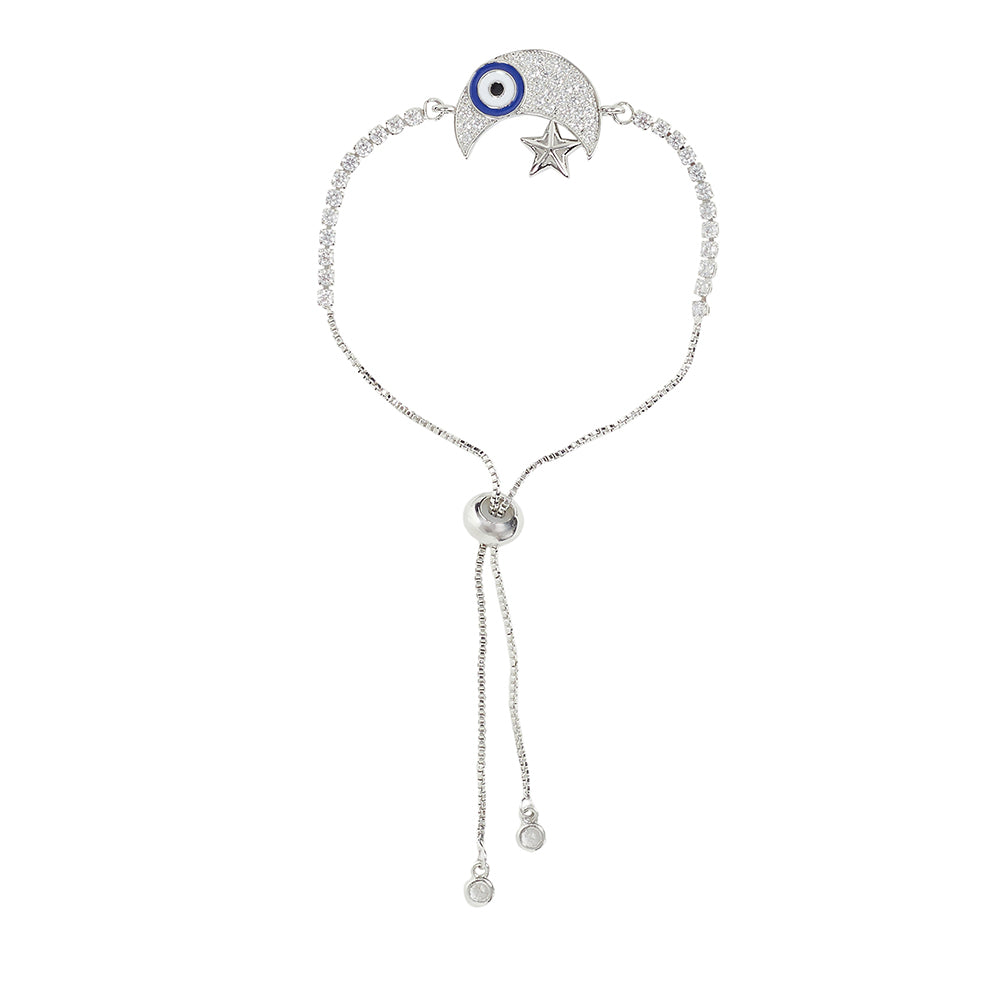 Round Cut Zircons Adorned Crescent and Star Evil Eye Charm Brass Silver Plated Bracelet