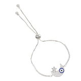 Round Cut Zircons Adorned Crescent and Star Evil Eye Charm Brass Silver Plated Bracelet