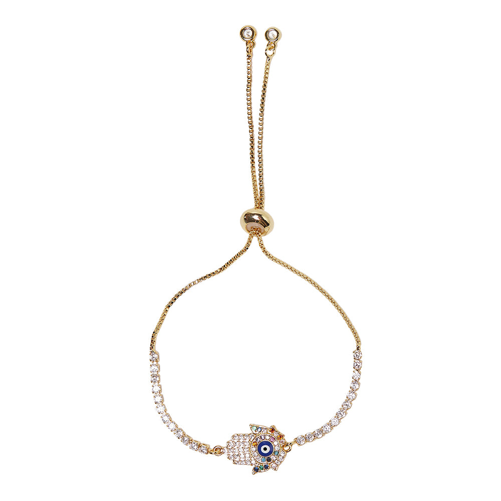 Hamsa Evil Eye Amulet Gold Plated Zircons Embellished Brass Chain Bracelet