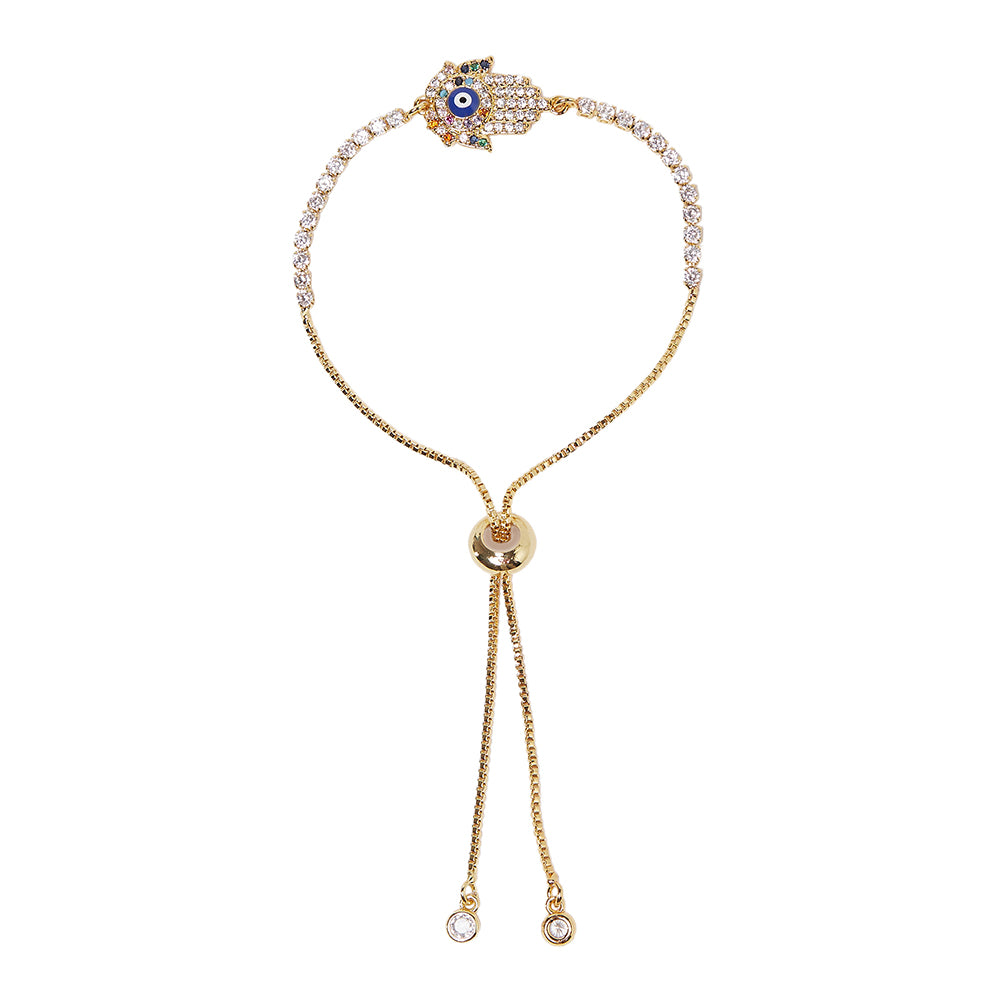 Hamsa Evil Eye Amulet Gold Plated Zircons Embellished Brass Chain Bracelet