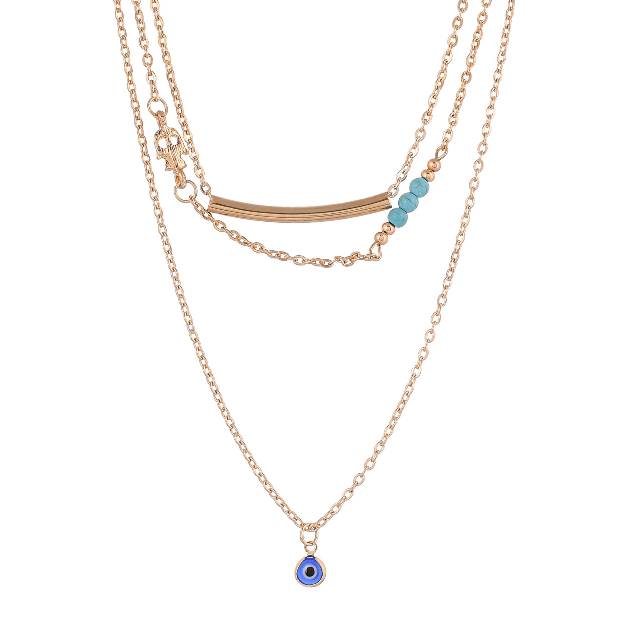 Evil Eye Blue Charms And Gold Plated Multi-Layered Necklace