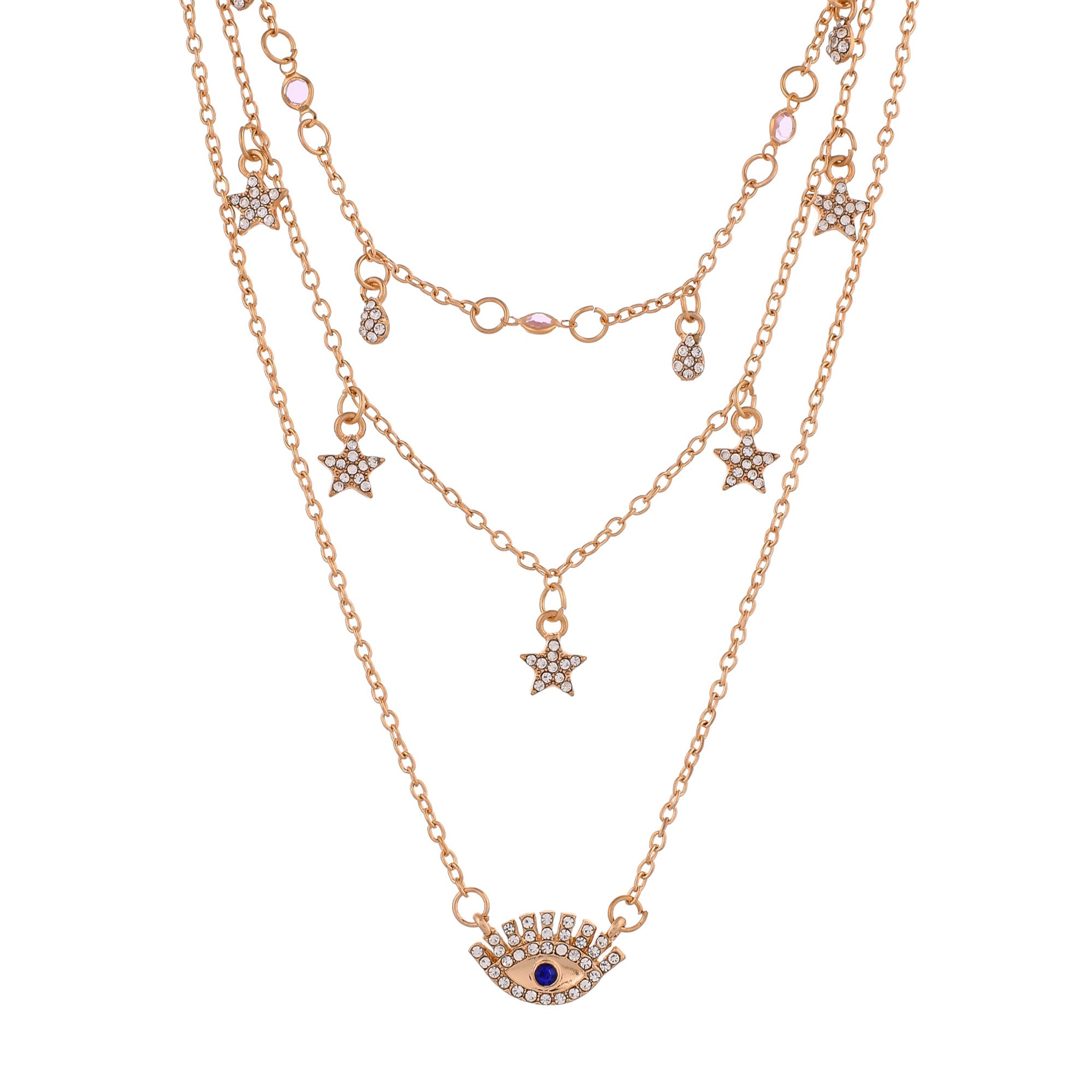 Evil Eye Talisman And Twinkling Stars Charm Gold Plated Necklace