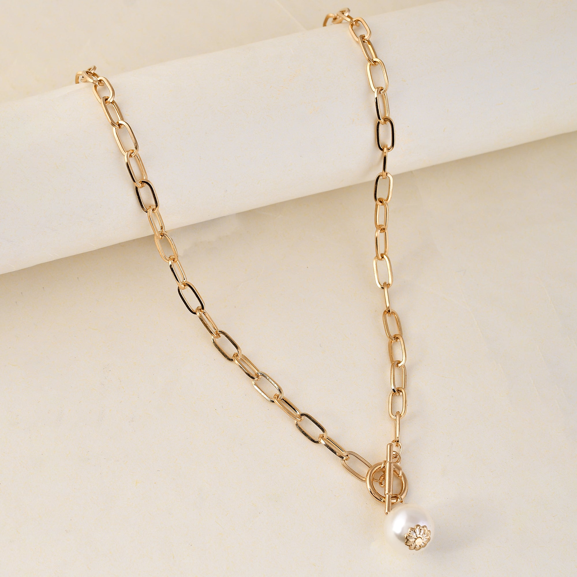 Pearl T Bar And Toggle Gold Plated Necklace
