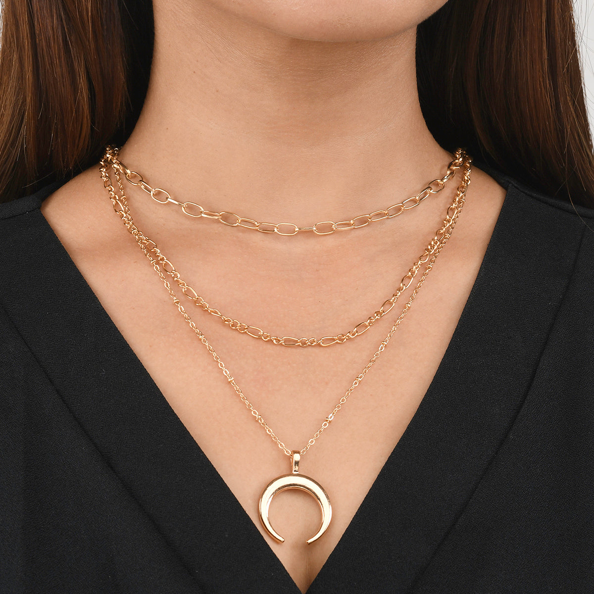 Trendy Essentials Crescent Layered Gold Plated Brass Necklace