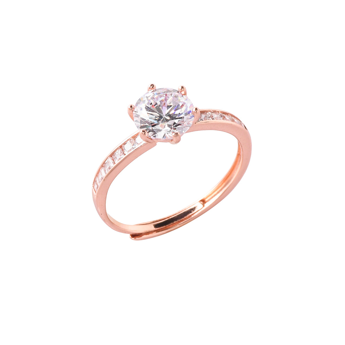 Six Prong Rose Gold Plated Round Cut Zircon Adorned Brass Ring