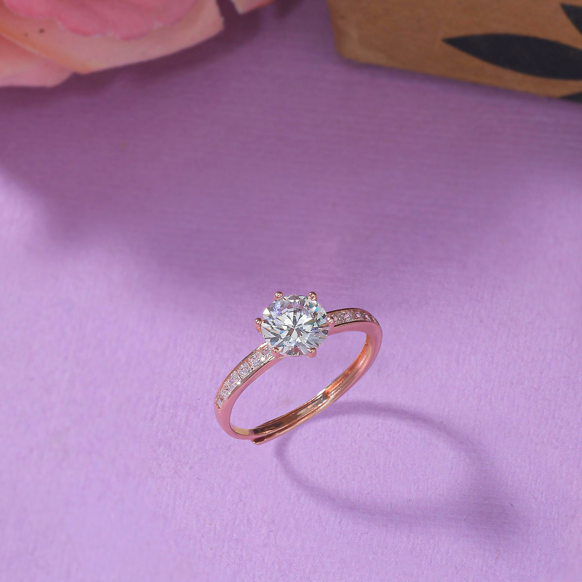 Six Prong Rose Gold Plated Round Cut Zircon Adorned Brass Ring