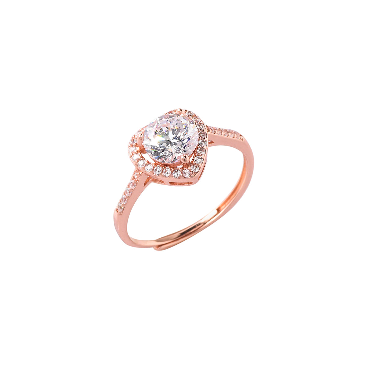 Rose Gold Plated Heart Round Cut Zircon Adorned Brass Ring