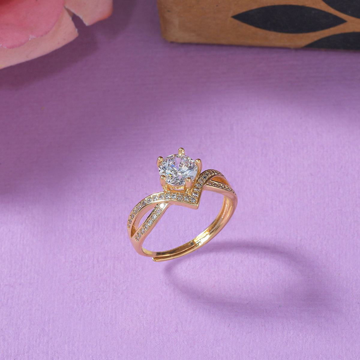 Crown Design Round Cut Zircon Adorned Gold Plated Brass Ring
