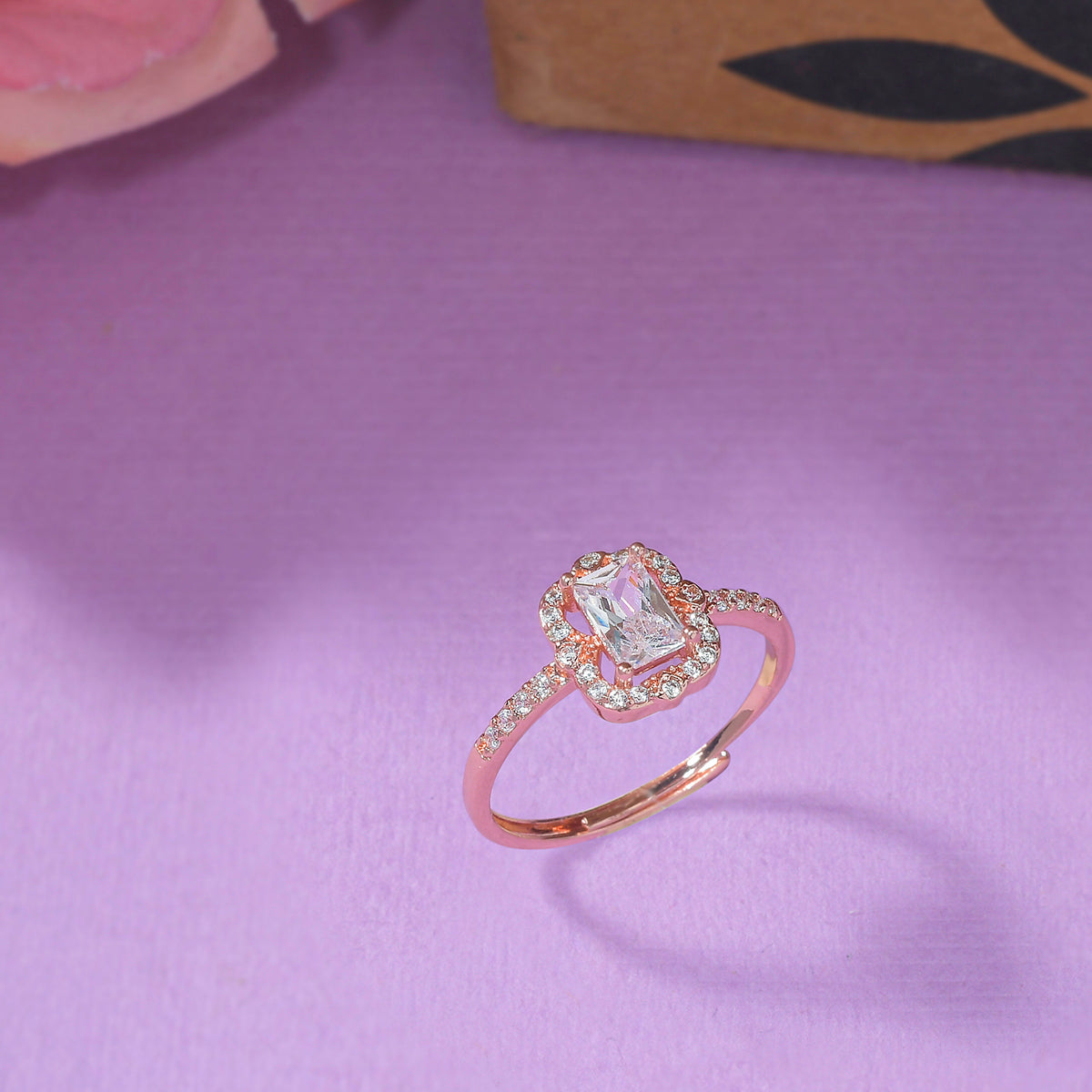 Rose Gold Plated Emerald Cut Zircon Brass Ring