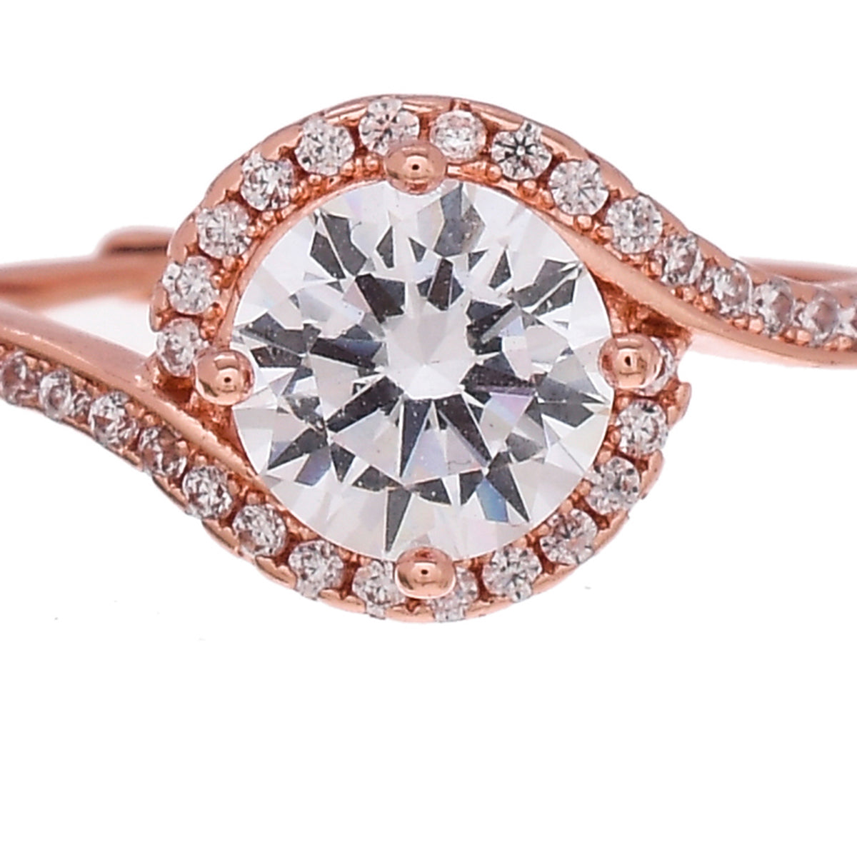 Overlap Pattern Round Cut Zircon Embellished Rose Gold Plated Brass Ring