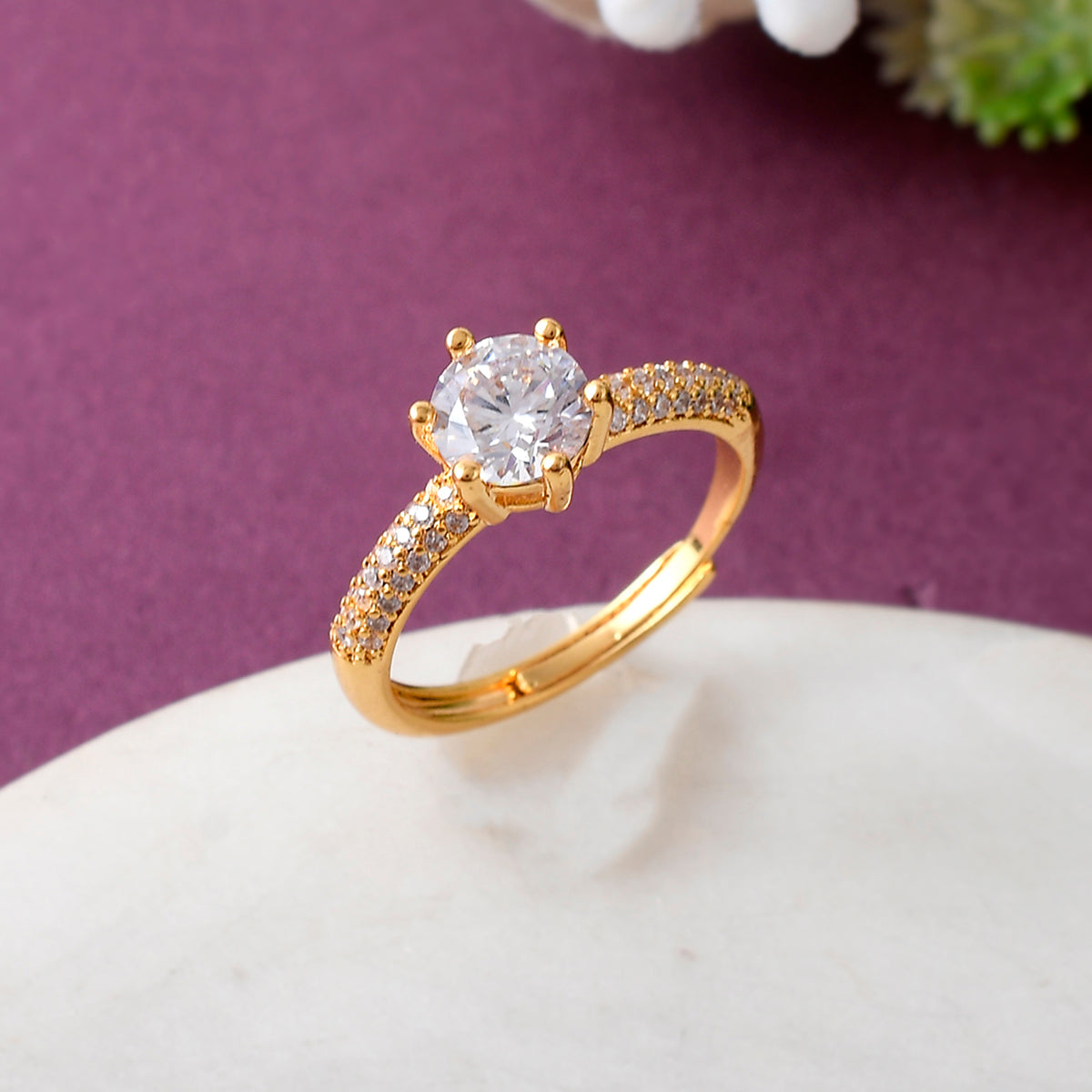 Six Prong Setting High Set Round Cut Zircon Gold Plated Brass Ring