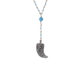 blue beaded silver tone engraved necklace