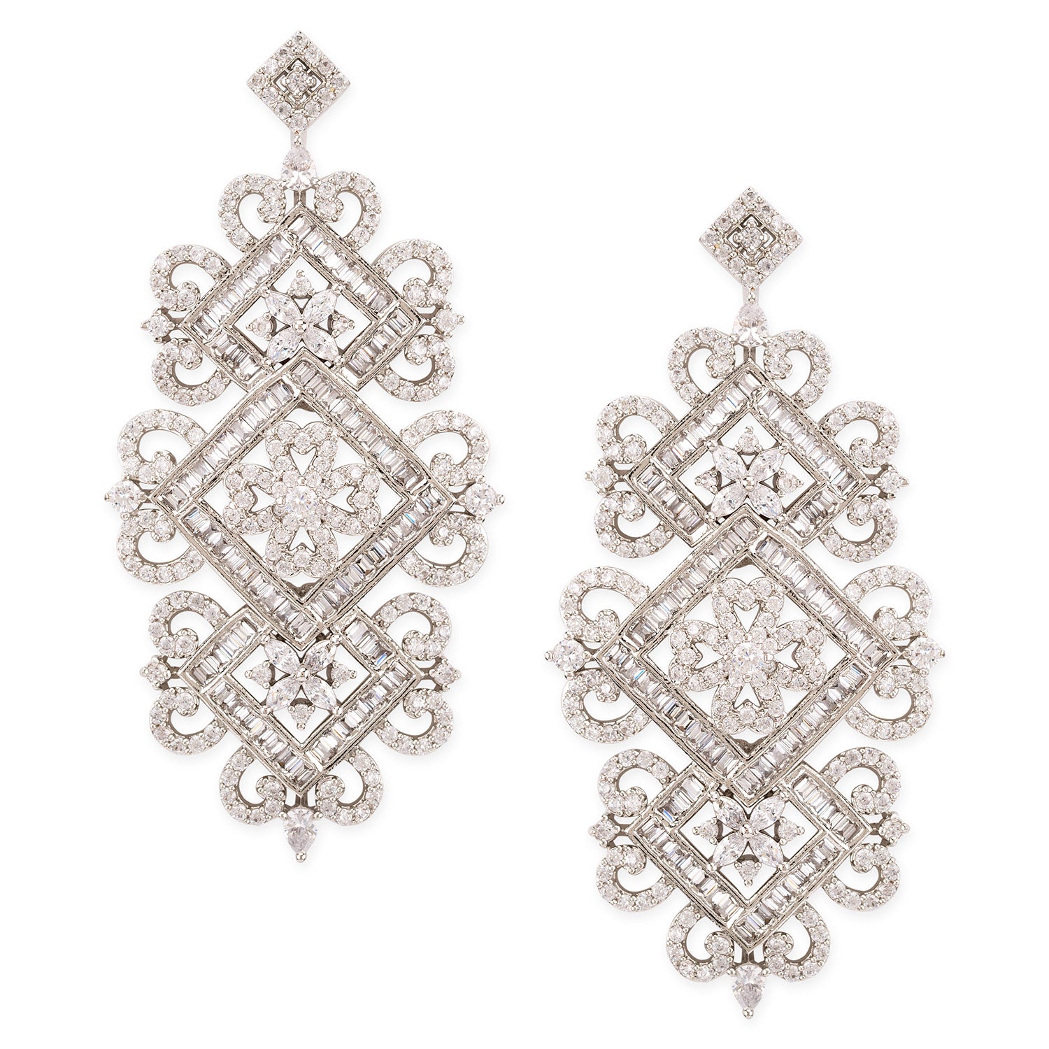 American Diamond CZ Traditional Silver Plated Brass Earrings