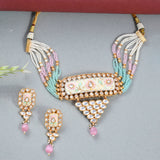 Floral Motifs Faux Kundan and Pink Pearls Brass Gold Plated Jewellery Set