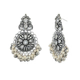 Antique Elegance Floral Faux Pearls and Kundan Adorned Brass Silver Plated Drop Earrings