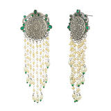 Antique Elegance Green Gems and Faux Pearls Silver Plated Brass Drop Earrings