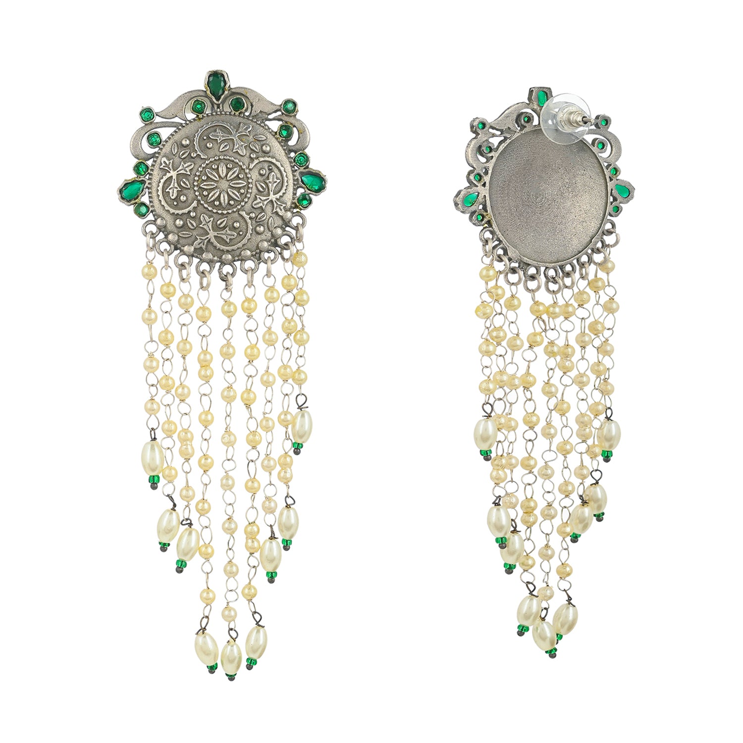 Antique Elegance Green Gems and Faux Pearls Silver Plated Brass Drop Earrings