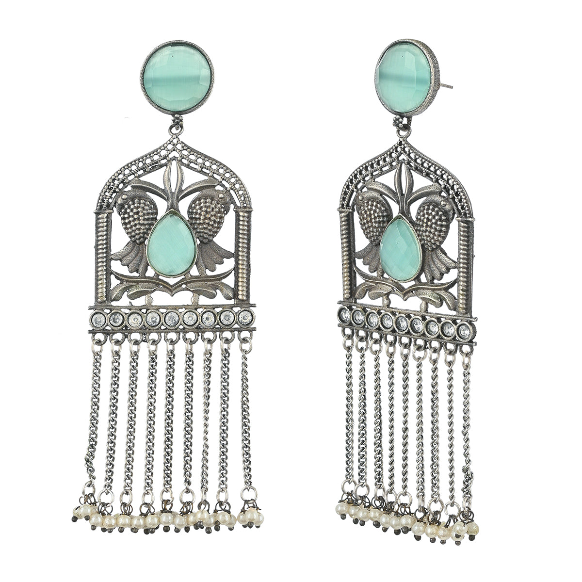 Antique Elegance Teardrop and Round Cut Gems and Faux Pearls Brass Silver Plated Dangler Earrings