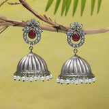 Antique Elegance Peacock Motif Faux Pearls Adorned Brass Silver Plated Jhumka Earrings