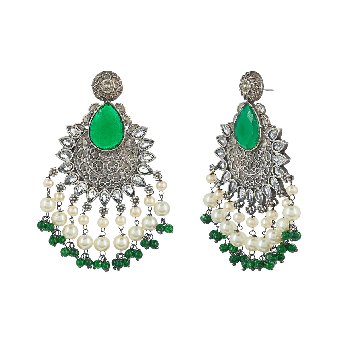 Antique Elegance Faux Pearls and CZ Embellished Opulent Brass Silver Plated Drop Earrings