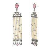 Antique Elegance Faux Pearls and Stones Embellished Oxidised Silver Plated Brass Long Drop Earrings