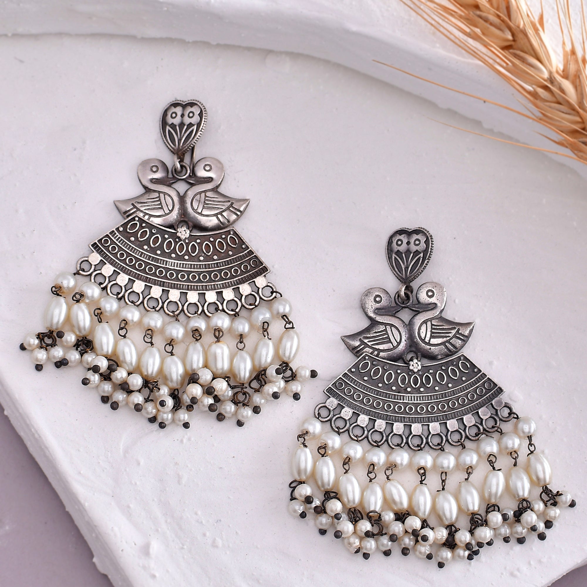 Antique Elegance Peacock Motifs Faux Pearls Adorned Brass Oxidized Silver Plated Earrings