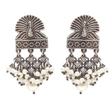 Antique Elegance White Pearls Peacock Motif Silver Plated Earrings