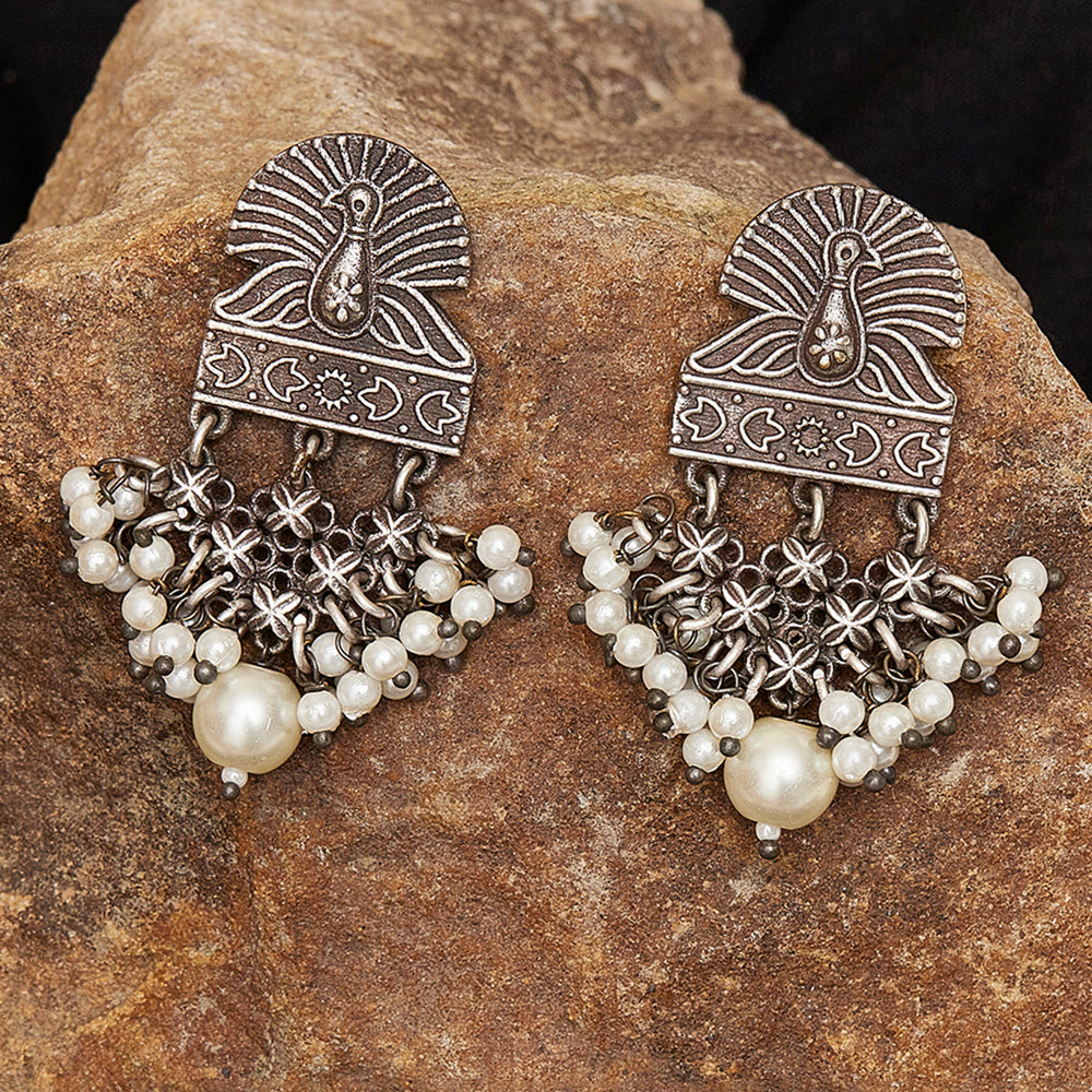 Antique Elegance White Pearls Peacock Motif Silver Plated Earrings