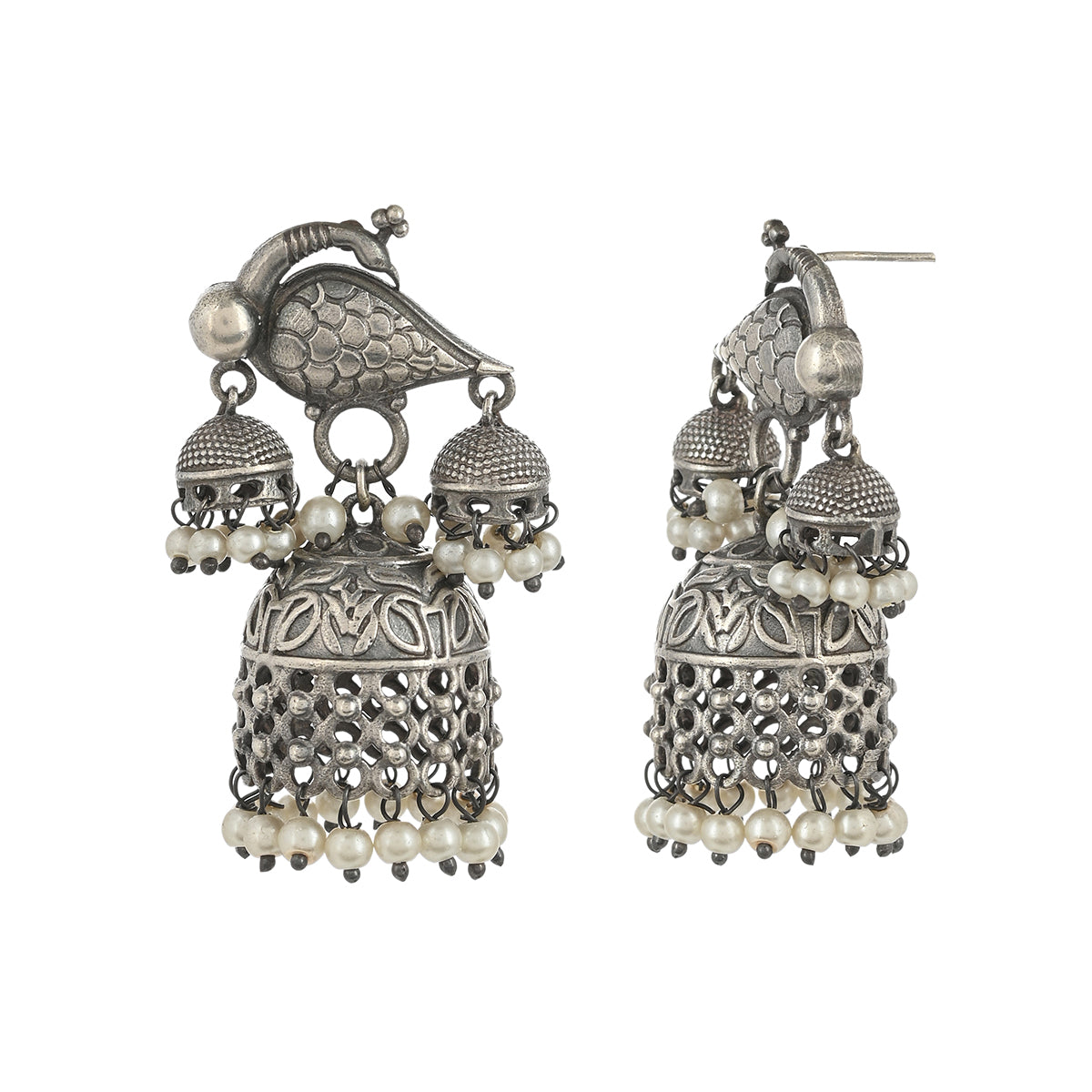 Antique Elegance Lattice Work Faux Pearls Brass Silver Plated Jhumka Earrings