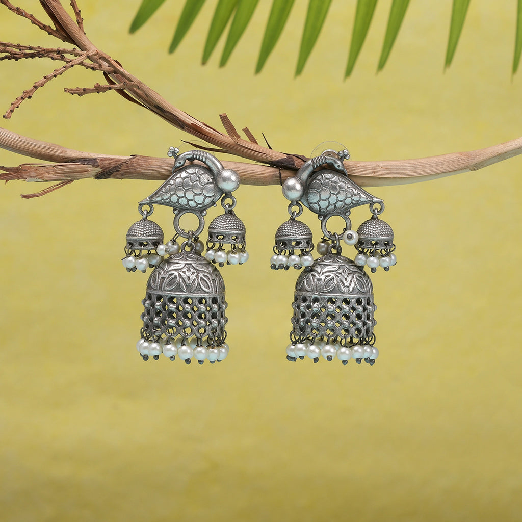 Antique Elegance Lattice Work Faux Pearls Brass Silver Plated Jhumka E