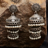 Antique Elegance Silver Plated Layered Jhumka Drop Earrings