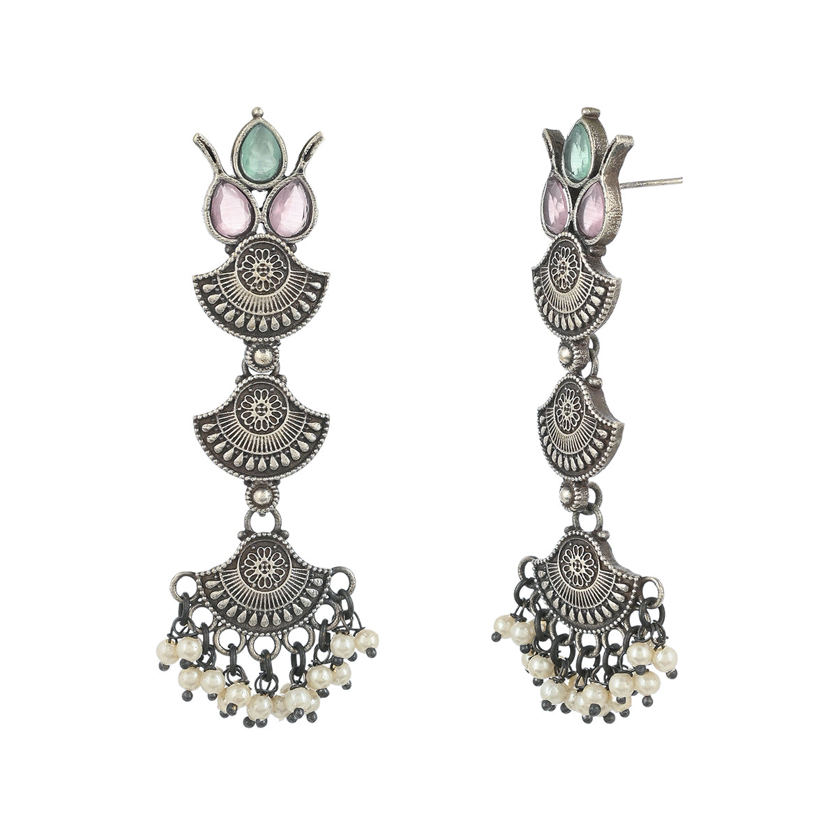 Antique Elegance Faux Pearls and Kundan Adorned Silver Plated Brass Layered Drop Earrings
