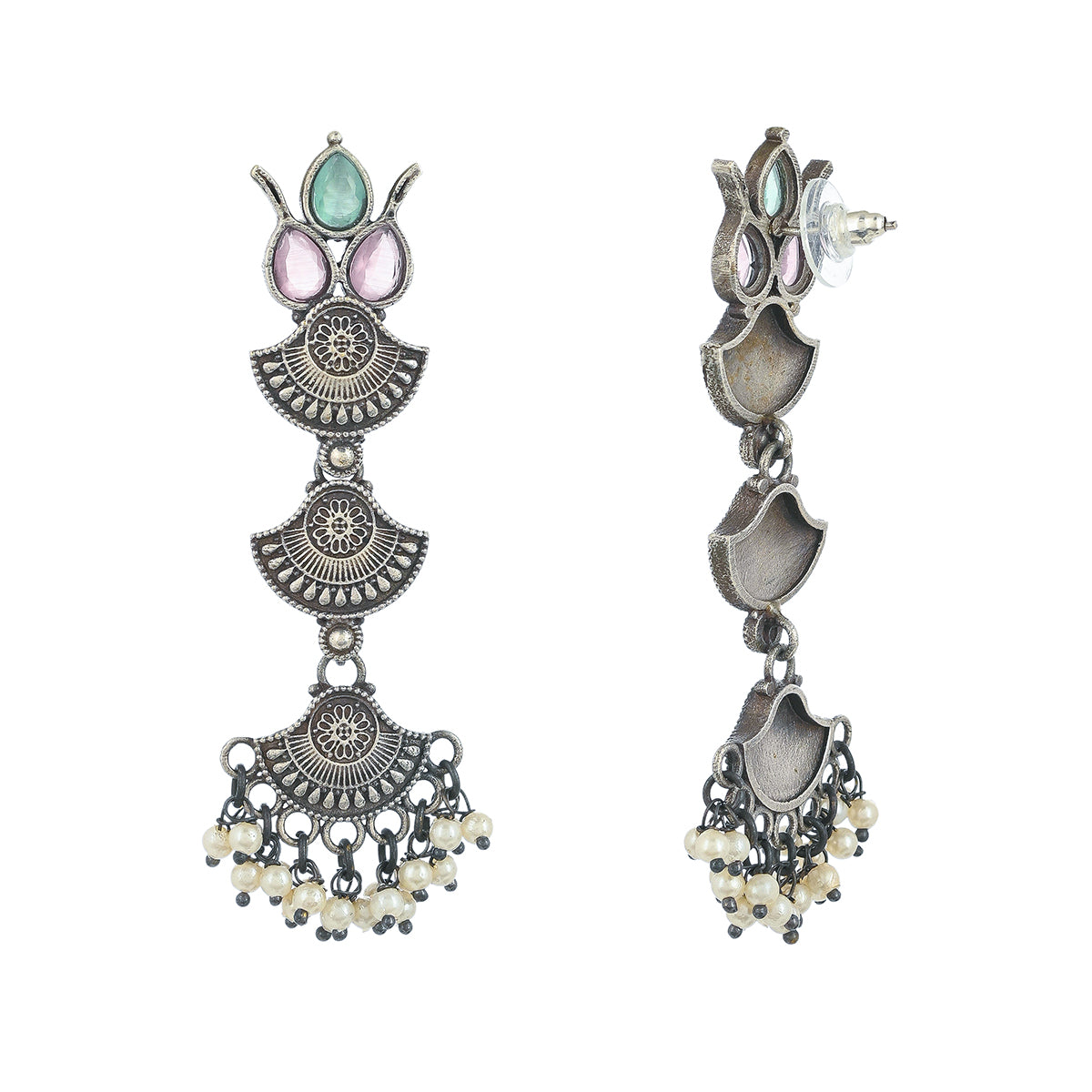 Antique Elegance Faux Pearls and Kundan Adorned Silver Plated Brass Layered Drop Earrings