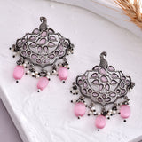 Antique Elegance Faux Pearls And Kundan Adorned Brass Silver Oxidized Plated Earrings