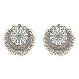Antique Elegance Floral Faux Pearls and Kundan Adorned Silver Toned Brass Earrings