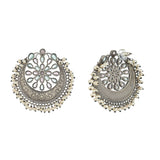 Antique Elegance Floral Faux Pearls and Kundan Adorned Silver Toned Brass Earrings
