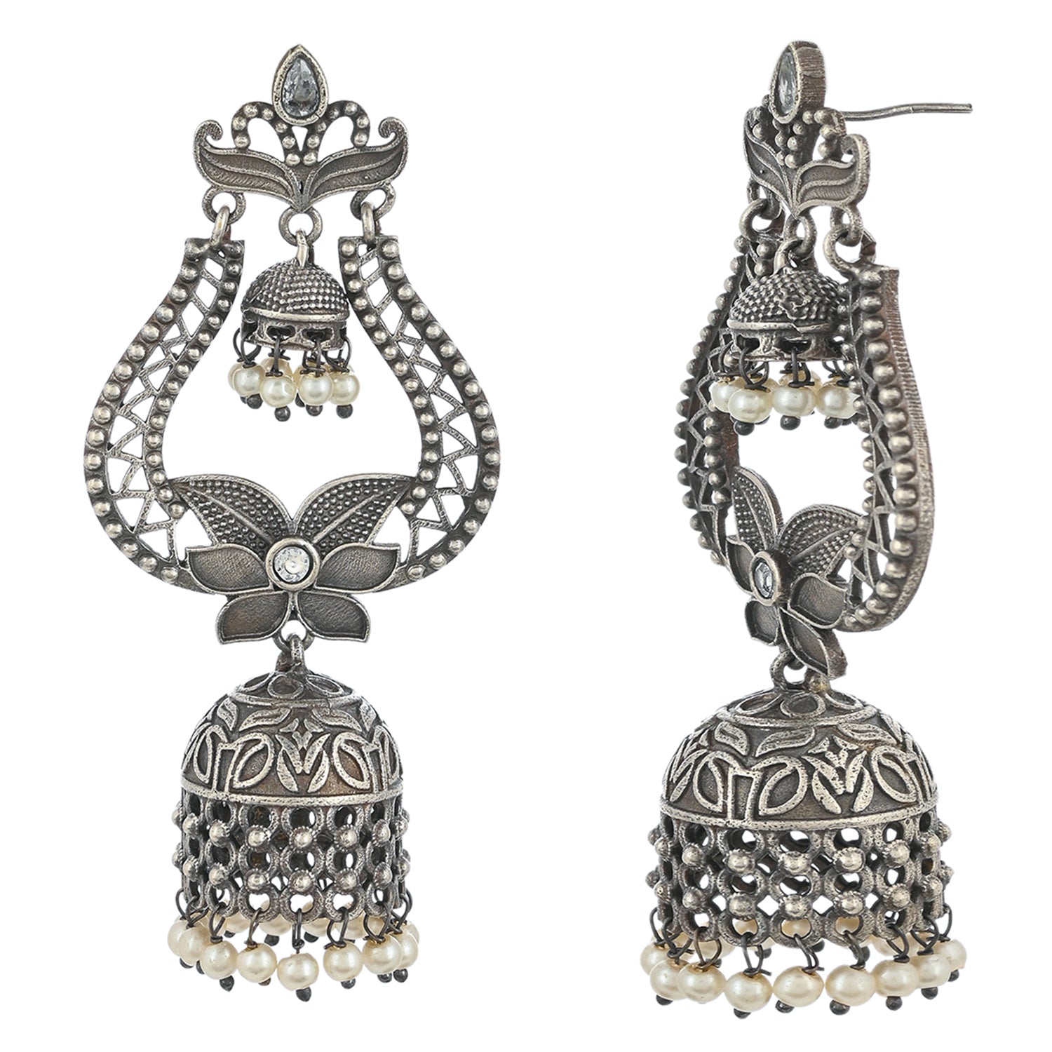 Antique Elegance Filigree Design Faux Pearls Brass Silver Plated Jhumka Earrings